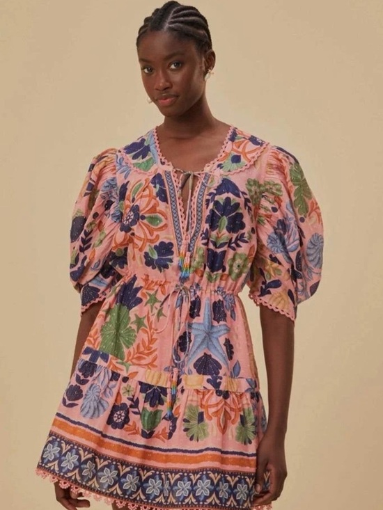 FARM Rio Dresses & Skirts - FARM Rio Pink “Seashell Tapestry” Puff Sleeve Tassel Mini Dress Size S